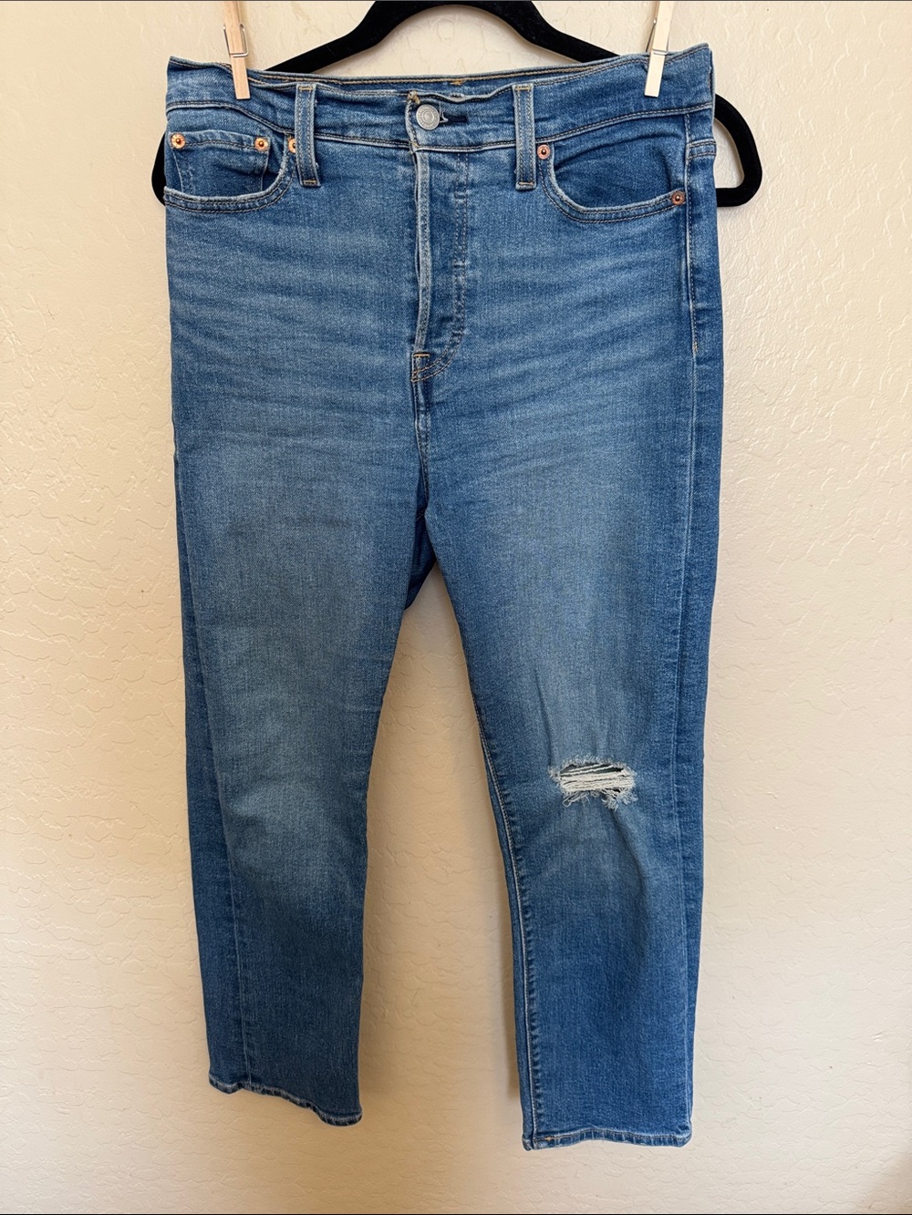 Women’s Mid Blue Distressed High-Rise Jeans- W29 L28